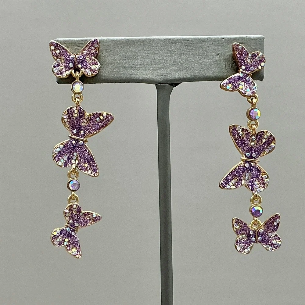 Betsey Johnson Earrings Purple Crystal Butterfly Dangle Gold Tone Statement